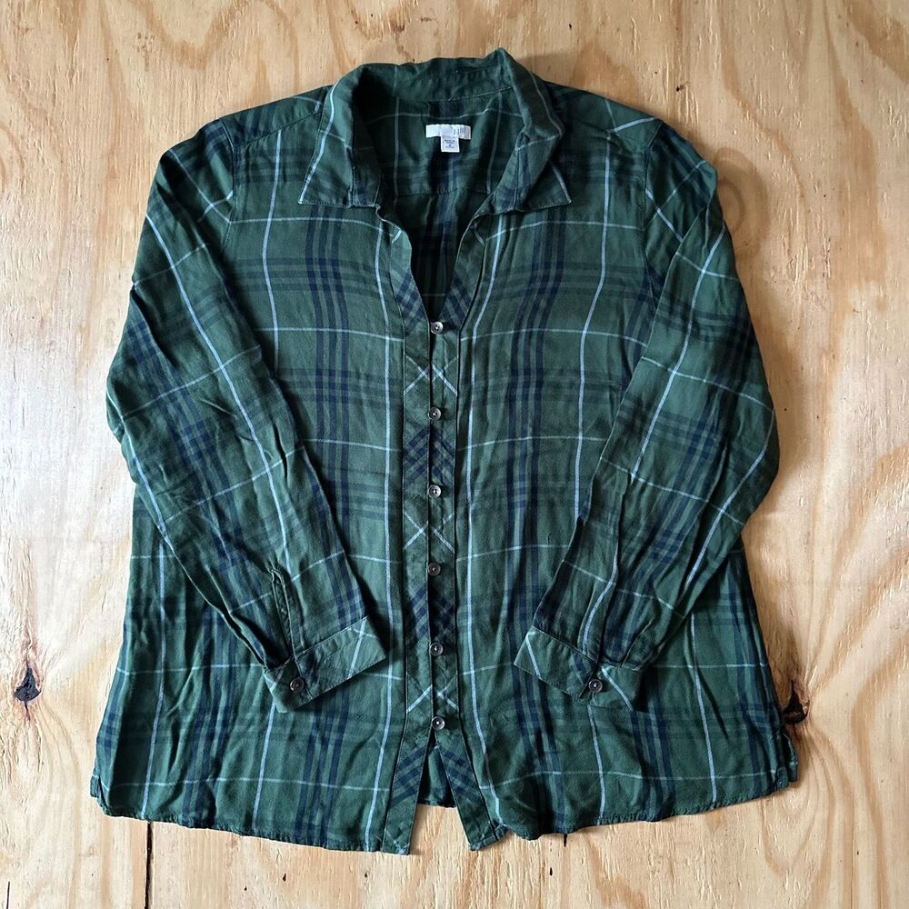 J. Jill Green Plaid Rayon Button Down (Size Medium Petite)